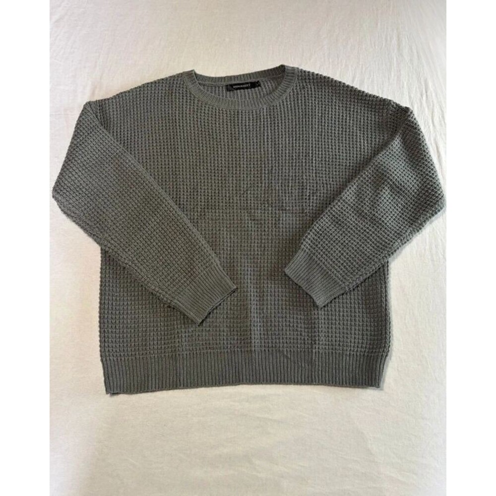 Womens L Gray Waffle Knit Sweater Crewneck Chunky Pullover Cozy Fall Top